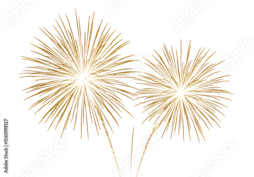 Two golden fireworks burst in a festive pyrotechnic display isolated on transparent background
