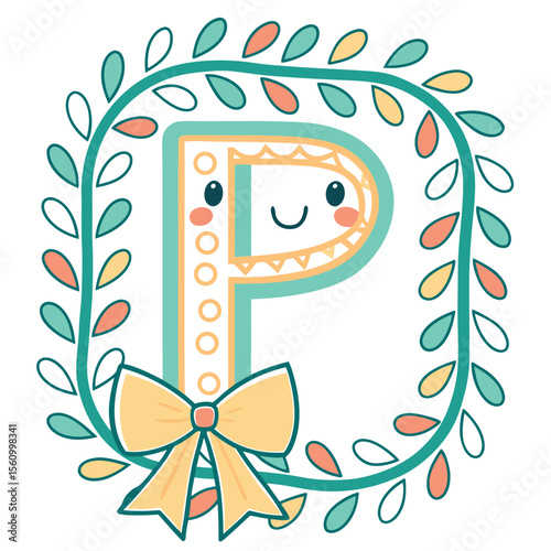 Decorative Letter P with Floral Wreath and Bow alphabet
