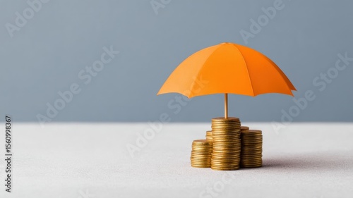 Dividend stocks, Investing. Colorful umbrella over a stack of coins representing financial protection or investment.