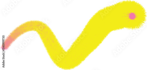 Abstract illustration of a fluffy, yellow, worm-like shape with a pink head and tail.