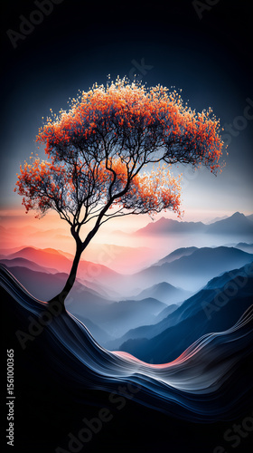 Lone Tree on Misty Hilltop with Majestic Mountain View – Tranquil and Enchanting Nature Landscape, 