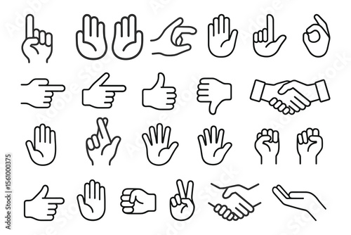 Set of vector line hand gestures symbols. Collection of different hand signs illustration.