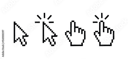 Classic Pixelated Cursor Set: Arrow and Hand Pointer Icons for Web and Software UI.