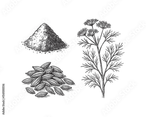 Elegant Dill Illustration: Detailed Sketch of Plant, Seeds, and Powdered Spice Heap