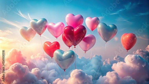 Heart-shaped balloons drift serenely amidst a breathtaking sunset sky, creating a dreamy, romantic atmosphere.