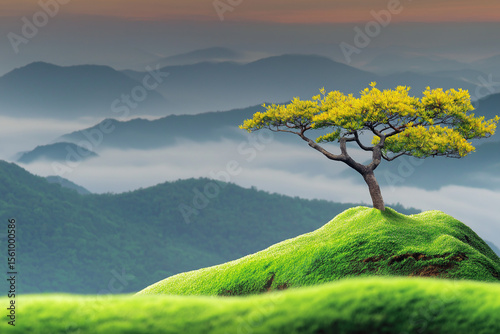  Lone Tree on Misty Hilltop with Majestic Mountain View – Tranquil and Enchanting Nature Landscape,