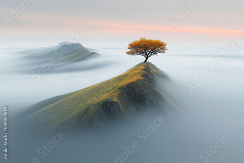  Lone Tree on Misty Hilltop with Majestic Mountain View – Tranquil and Enchanting Nature Landscape,