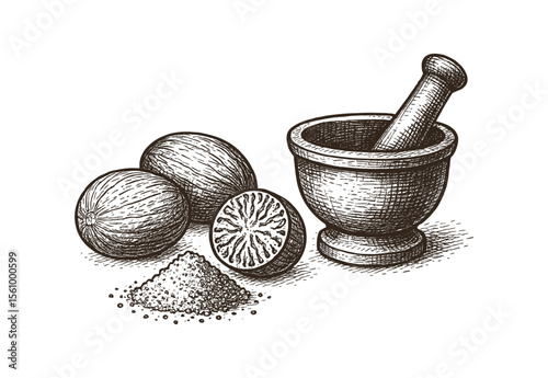 Nutmeg Spice Illustration with Mortar and Pestle, detailed vector drawing, cooking ingredient