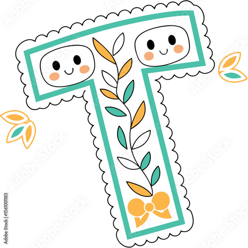 Decorative Letter T with Faces, Leaves, and Bow in Sticker Style