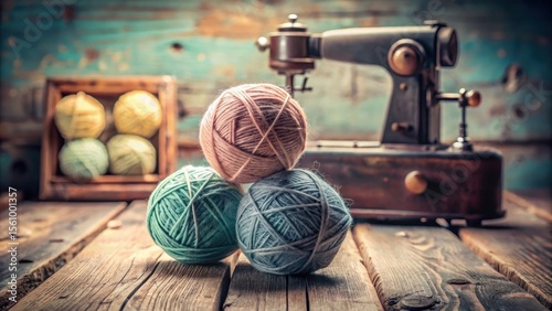 Rustic Still Life Featuring Balls of Yarn and Vintage Sewing Machine on Weathered Wooden Surface