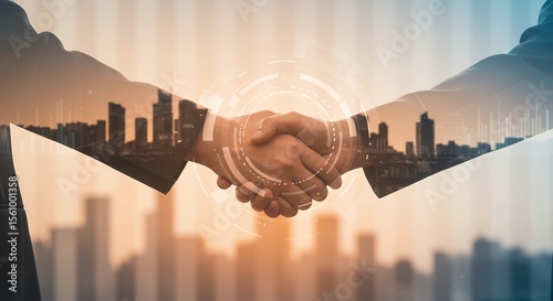 Business handshake with city skyline overlay representing deal partnership and agreement.