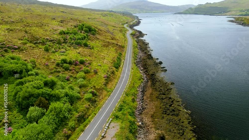 Killary Harbour or Killary fjord and Connemara Loop scenic route aerial view. A stunning fjord in the west of Ireland. Dramatic natural border between co. Galway and co. Mayo. Wild Atlantic Way.