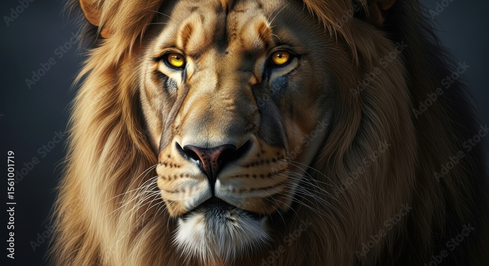Fototapeta premium Majestic Lion Portrait with Intense Golden Eyes and Full Mane