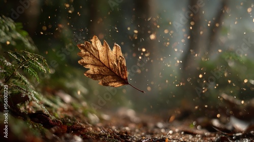Close-up shot of a single leaf falling gracefully, mid-air, with soft background blur — capturing a fleeting moment of natural beauty.