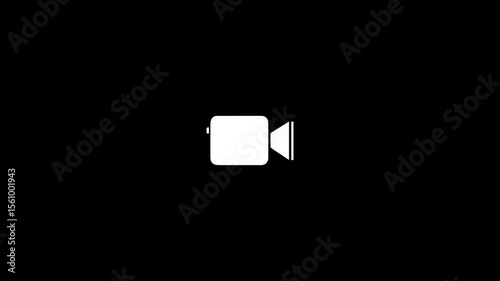 A minimalist white camera clip icon animated on a solid black background. The icon is made of crisp white lines forming a camera shape with a clip or film strip element. The animation includes smooth.