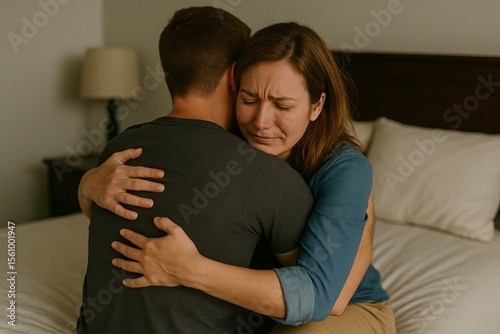 Woman crying and hugging man in a bedroom showing sadness and comfort emotional