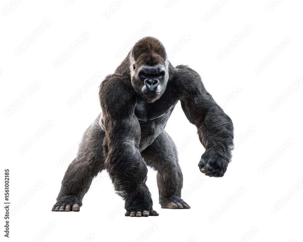 Fototapeta premium A powerful silverback gorilla stands in a dynamic pose. showcasing its strength and muscular build against a plain white background. making it ideal for wildlife and nature-themed projects