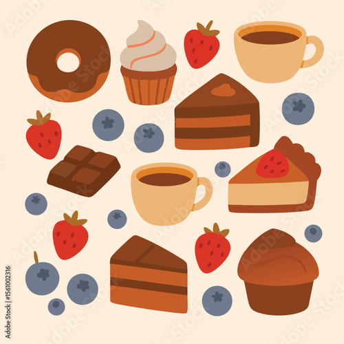Variety of desserts donuts, cakes, coffee, strawberries, blueberries