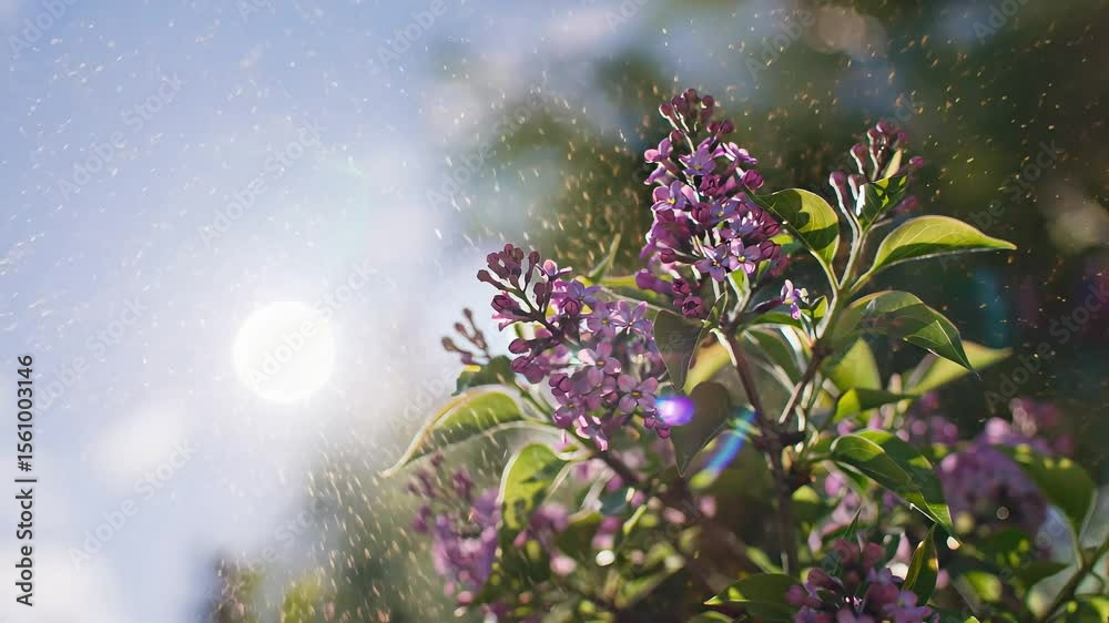Lilac flowers blooming in spring with sunlight and pollen in the air