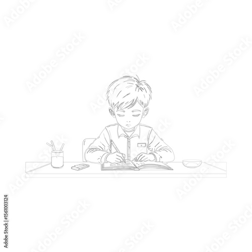 Anime Boy Studying and Writing in Book