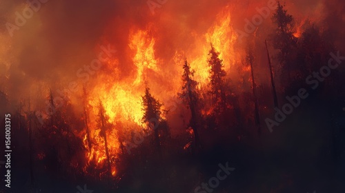 A massive wildfire consuming a forest, trees collapsing into ash, red-orange flames illuminating the smoke-filled sky, blurred background,
