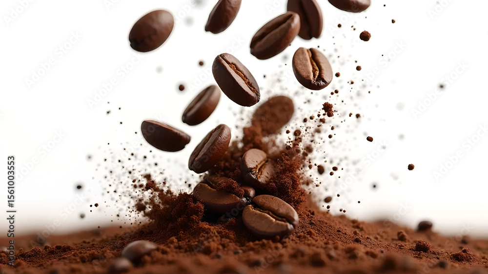 Obraz premium Exploding coffee beans on white background