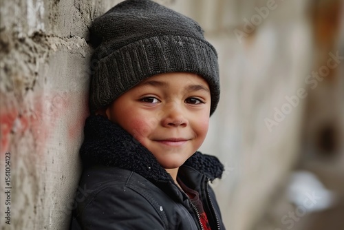 Portrait of a little boy in a hat and jacket, outdoor