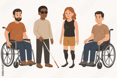 Disabled adults with prosthetics, limb loss, blindness, and paralysis in wheelchair illustrated in flat cartoon vector set