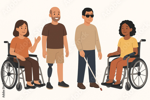 Disabled adults with prosthetics, limb loss, blindness, and paralysis in wheelchair illustrated in flat cartoon vector set