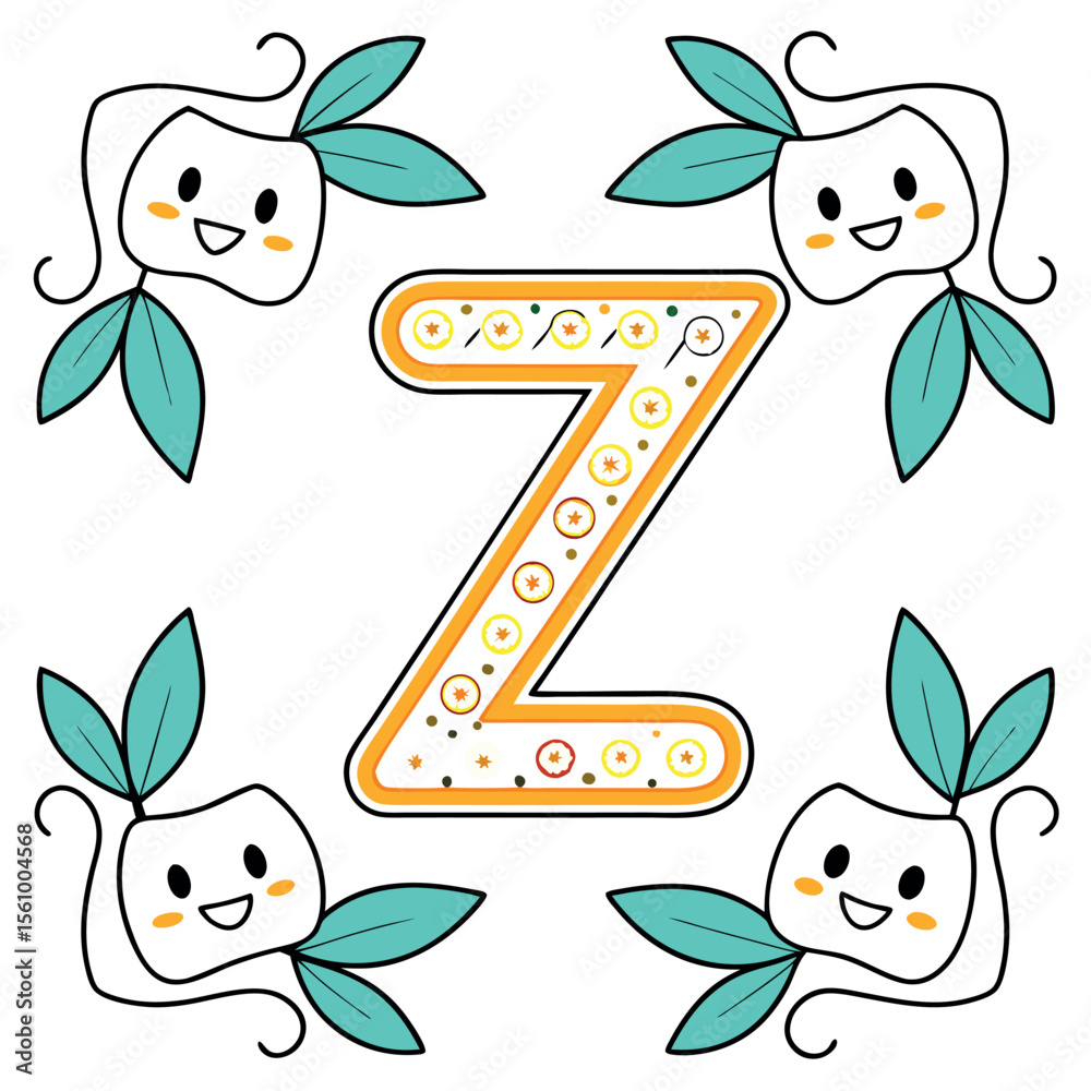 Decorative Letter Z with Smiling Characters and Leaves