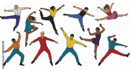 People dancing in colorful clothes – energetic movement illustration in flat style.