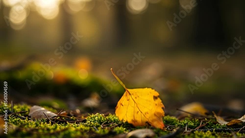 Falling Yellow Autumn Leaf on Green Moss. Close-up of deciduous leaf gently swaying and dropping onto sunlit forest floor. Seasonal change, nature, forest park, autumn scenery, nature photography 