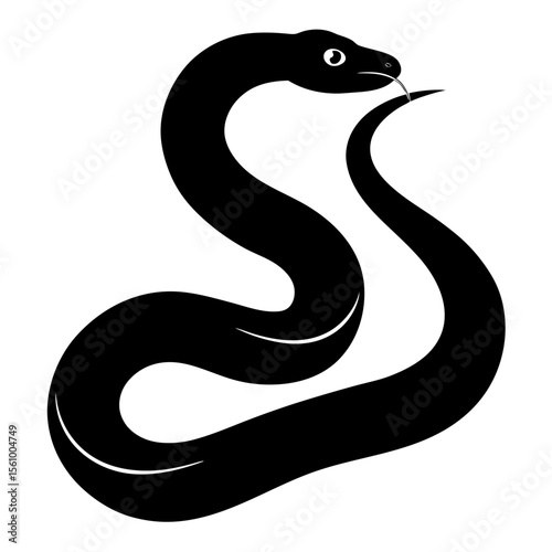 Stylized black silhouette of a snake with its tongue flicking on a white background