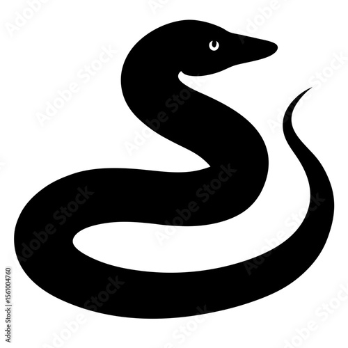 Stylized black silhouette of a coiled snake with a white eye on a white background