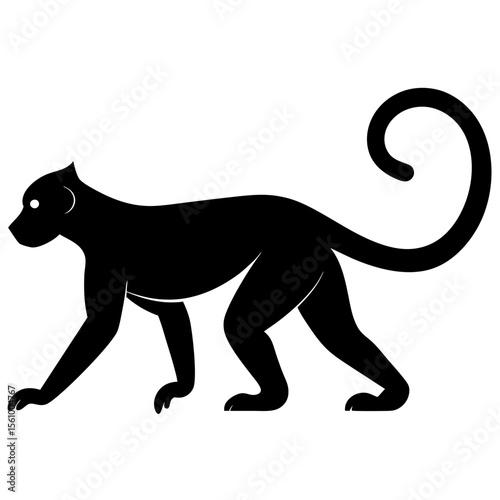Stylized black silhouette of a monkey walking on a white background