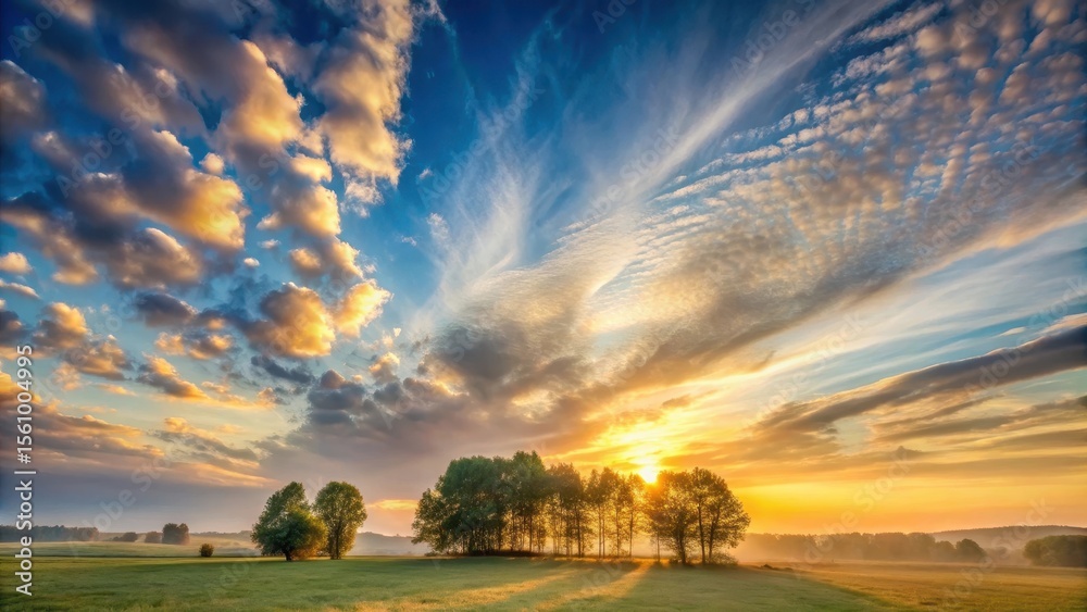 Obraz premium Golden Hour Serenity A Majestic Sunrise Illuminates a Tranquil Meadow with Silhouetted Trees and a Breathtaking Sky Display