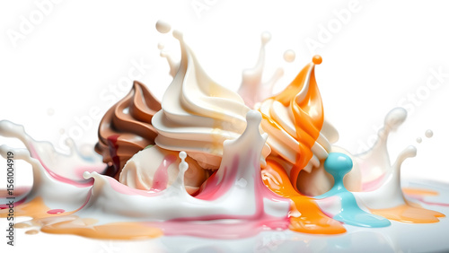 Variety of creamy ice cream scoops splashing in colorful milk and sauce isolated on transparent back