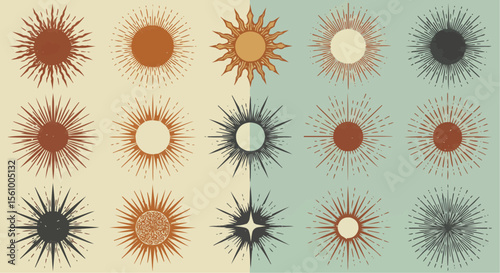 Vintage sunburst pattern – stylized celestial suns with rays in neutral tones.