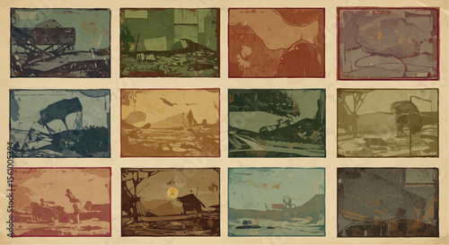 Vintage world map collage – old-style geography illustrations in grid format.