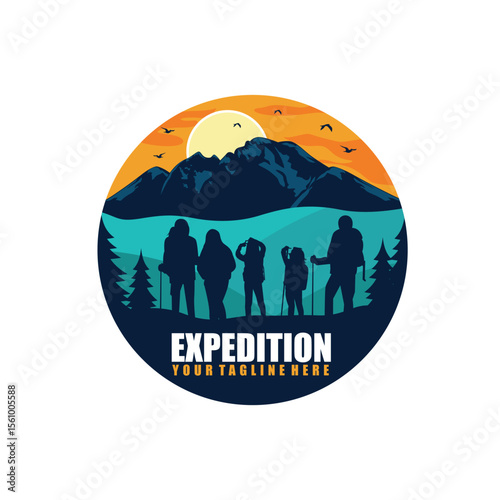 Outdoor adventure expedition logo. Camping outdoor adventure emblem. Jungle camp label in vintage style