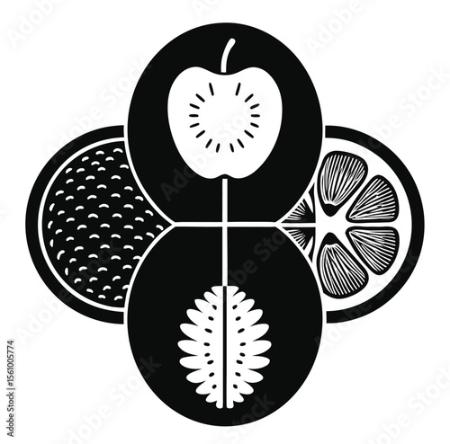 Stylized black and white graphic design featuring four distinct fruit halves arranged in a circular pattern