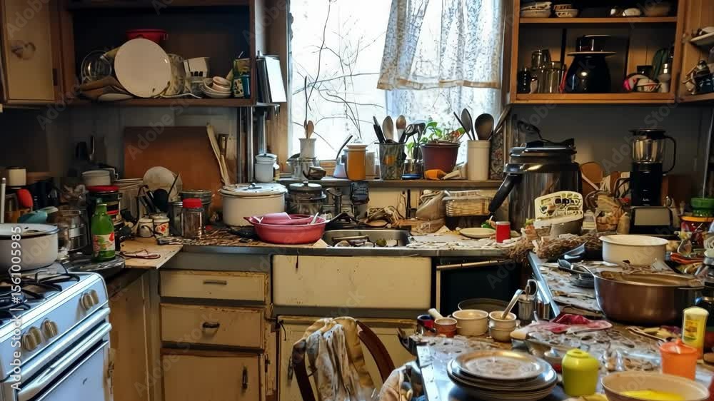 A cluttered kitchen filled with dirty dishes, pots, and various kitchen appliances. Sunlight streams through a window, illuminating the disorganized space. Generative 4k video.
