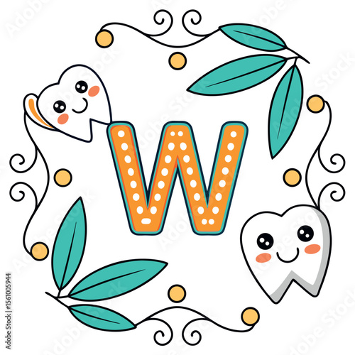 Orange Letter W with Teeth and Floral Frame teal white