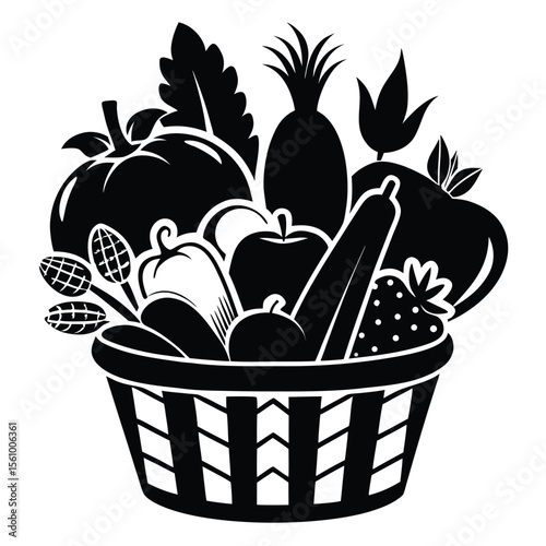A vibrant black and white illustration showcases a bountiful basket overflowing with a diverse assortment of fresh fruits and vegetables symbolizing healthy eating and natural goodness