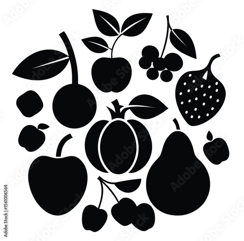 A whimsical silhouette collection of fresh fruits and vegetables arranged in a circular pattern evoking a sense of natural abundance and healthy living