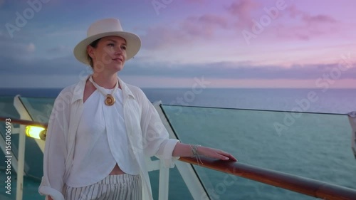 Wallpaper Mural On a serene evening aboard a luxury cruise ship, a stylish traveler enjoys a breathtaking sunset over the ocean, creating the ideal atmosphere for relaxation and adventure under the vast sky Torontodigital.ca