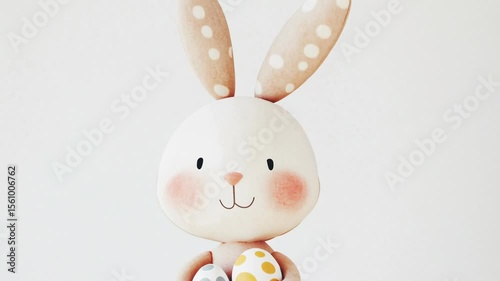 A cute, cartoon-style bunny with polka-dotted ears holds two colorful Easter eggs. The bunny has a friendly expression and a round face.