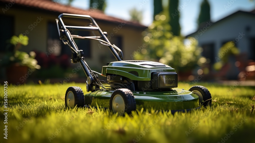 Fototapeta premium Lawn Mower Cutting Green Grass in Backyard – Mowing in Progress.