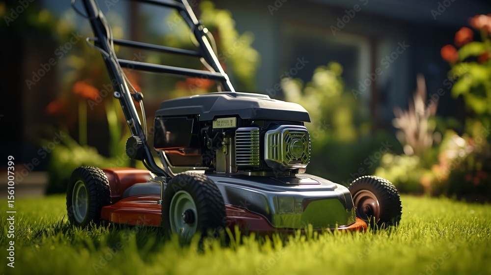 Fototapeta premium Lawn Mower Cutting Green Grass in Backyard – Mowing in Progress.