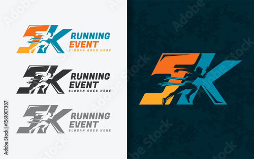5k running event symbol, A modern emblem showcasing a stylized runner combined with the number 5K, representing sport, competition, and determination.